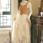 Set: Long-sleeve Mock-neck Midi A-line Dress + Embroidered Vest + Tiered Midi A-line Lace Skirt
