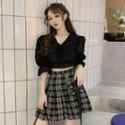 Balloon-sleeve Cropped Blouse / Plaid Pleated A-line Skirt