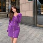 V-neck Plain Woolen Skinny Dress Purple - One Size