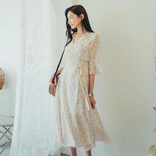Floral Chiffon Long Surplice-wrap Dress