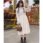 Fringed Mesh Panel Long-sleeve Midi A-line Dress
