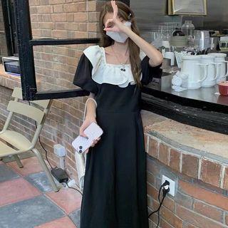 Square Neck Contrast Panel Midi A-line Dress