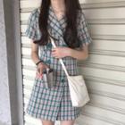 Short-sleeve Double-breasted Plaid Dress