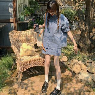 Washed Denim Oversize Blouse / High-waist Shorts
