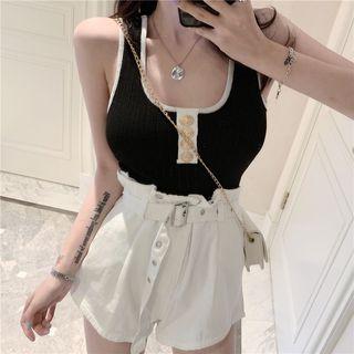 Contrast Trim Knit Top / High-waist Denim Shorts