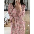 Long-sleeve Floral Maxi A-line Dress Red Floral - Beige - One Size