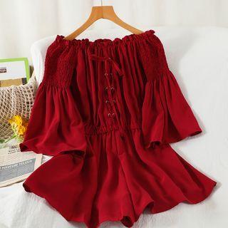 Off-shoulder Lace-up Wide-leg Romper