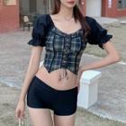 Set: Short-sleeve Plaid Swim Top + Swim Skirt + Shorts