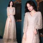 Long-sleeve Sheer A-line Evening Gown