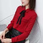 Stand-collar Bow Long-sleeved Loose-fit Straight Chiffon Plain Blouse