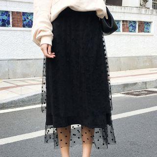 Dotted Midi A-line Mesh Skirt Black - One Size