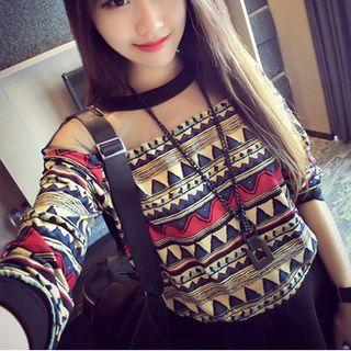 Mesh Yoke Print Pullover