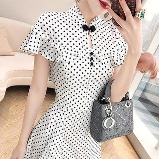 Dotted Mandarin Collar Short-sleeve Layered Midi A-line Dress