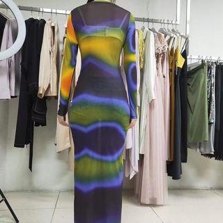 Long-sleeve Tie-dyed Midi Bodycon Dress