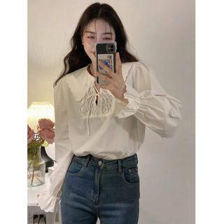 Flared-cuff Lace Panel Blouse Blouse - White - One Size