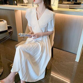 Set: Elbow-sleeve Ruffled Blouse + Pleated Midi A-line Skirt