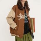 Two-tone Lettering Embroidered Baseball Jacket
