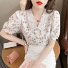 Puff Sleeve Lace Collar Floral Print Blouse