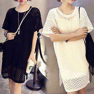 Set: Perforated Short-sleeve Dress + Slipdress
