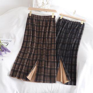 Plaid Slit Pleated Skirt