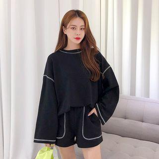 Set: Round-neck Stitched Top + Band-waist Shorts