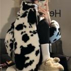 Milk Cow Print Faux Shearling Zip Jacket Black & White - One Size