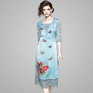 Mock Two-piece Elbow-sleeve Embroidered Lace Midi Dress