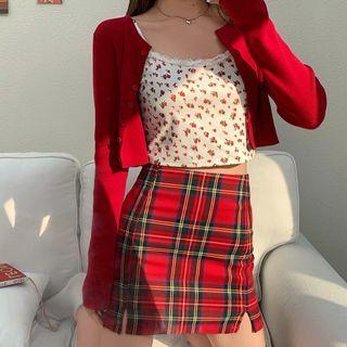 Spaghetti Strap Floral Print Top / Cardigan / Fitted Plaid Mini Skirt