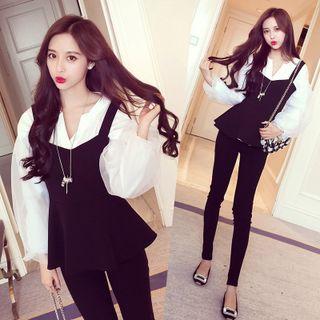Set: Strappy Frilled Top + Balloon Sleeve Blouse