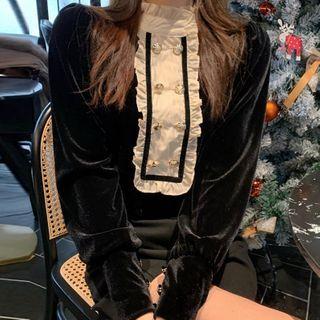Long-sleeve Ruffled-trim Panel Velvet Shirt