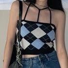 Halter-neck Argyle Print Knit Camisole Top Navy Blue - One Size