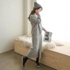 Set: Round-neck Fleece-lined Pullover + Band-waist Slit-front Skirt