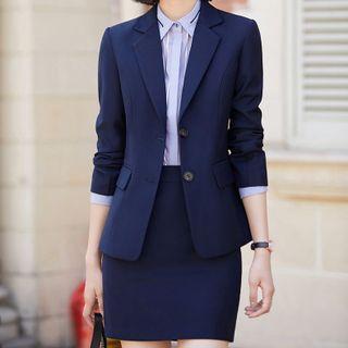 Plain Blazer / Dress Pants / Striped Shirt / Mini Pencil Skirt / Set
