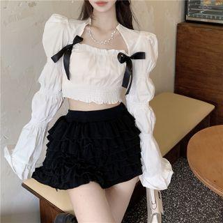 Puff-sleeve Bow-accent Cropped Blouse / A-line Jumper Skirt