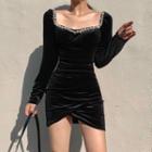 Long-sleeve Rhinestone Embellished Velvet Mini Bodycon Dress