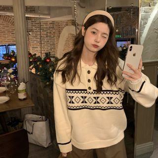 Long-sleeve Pattern Knit Polo-shirt White - One Size