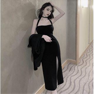 Zip Jacket / Side-slit Halter-neck Midi Sheath Dress