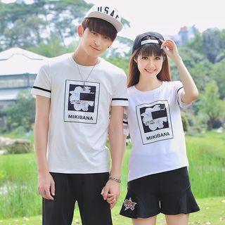 Couple Matching Print Mesh Panel Short-sleeve T-shirt
