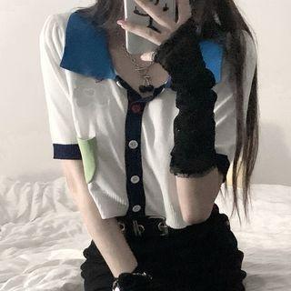 Color Block Buttoned Knit Top Denim Blue - One Size