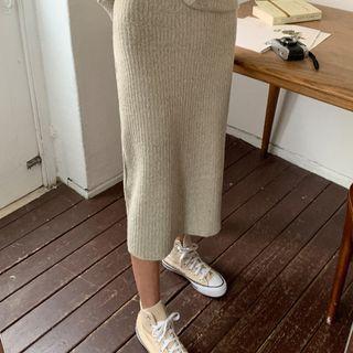 Band-waist Rib-knit Skirt Oatmeal - One Size