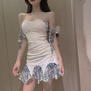 Tie-strap Floral Print Trim Mini Mermaid Dress