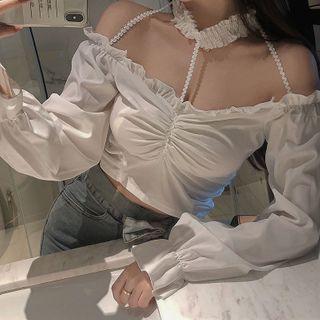 Halter Bell-sleeve Cropped Blouse