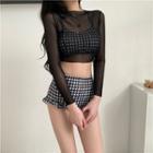 Houndstooth Ruffled Bikini / Mesh Cover-up / Set