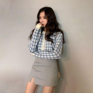 Check Crop Knit Cardigan
