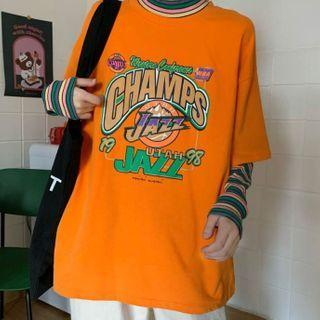 Mock Two-piece High-neck Striped Sleeve T-shirt
