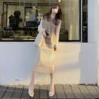 Long-sleeve Mock Neck Mesh Top / Midi Fitted Knit Skirt / Vest