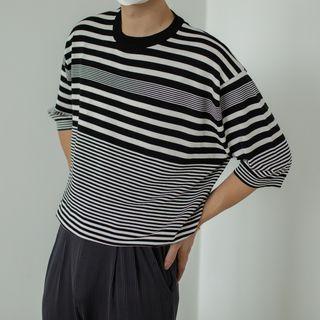 Ice Silk Knit Striped Round-neck Short-sleeve T-shirt