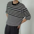 Ice Silk Knit Striped Round-neck Short-sleeve T-shirt