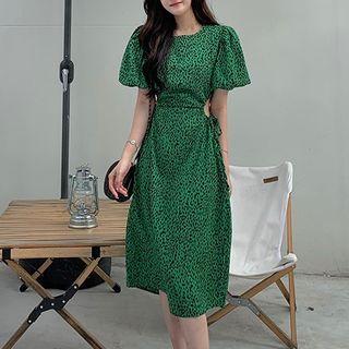 Balloon-sleeve Leopard Print Cutout A-line Dress