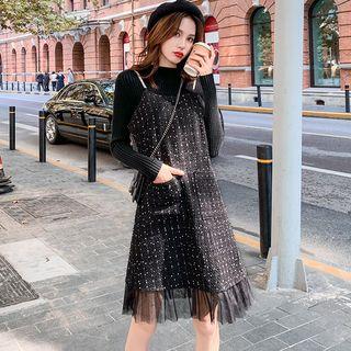 Set: Knit Top + Spaghetti Strap Dotted Tweed Dress